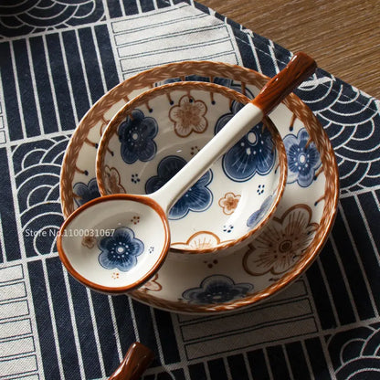 DecorBites™ Japanese Vine Ceramic Spoon Set - Ins Wind Hand-painted Long Handle Dessert Spoons