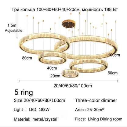DecorBites™ Golden Crystal Chandelier: Nordic Modern Luxury LED Hanging Halo for Living Room