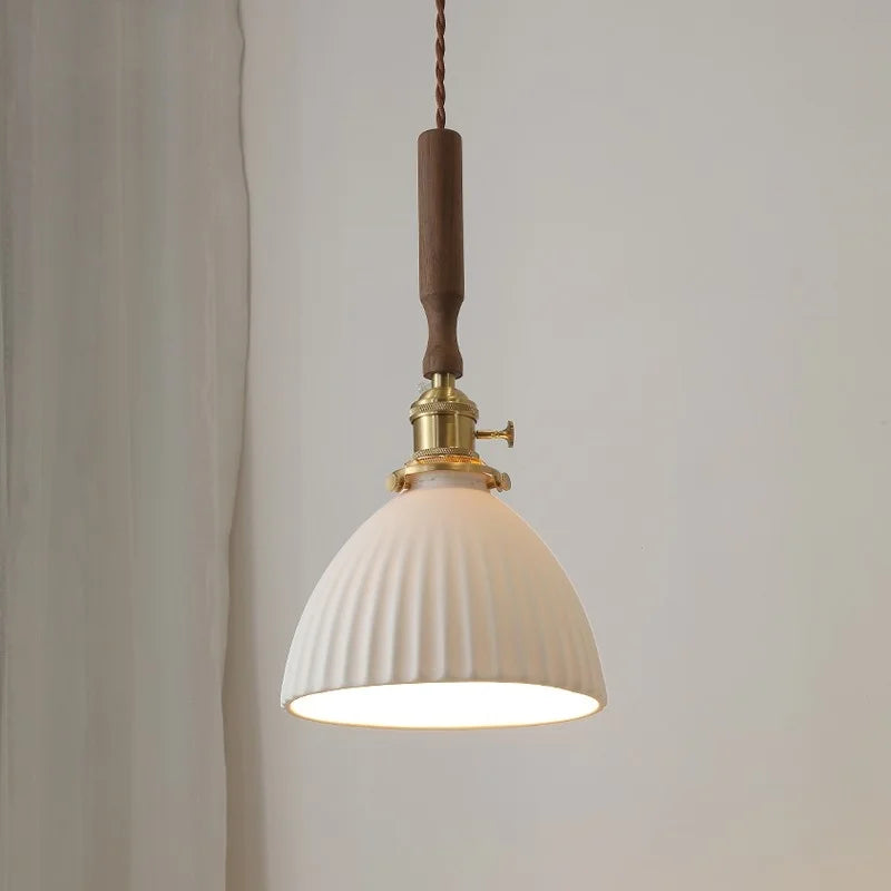 DecorBites™ White Ceramic LED Pendant Light with Walnut Wood Accent - Modern Nordic Design