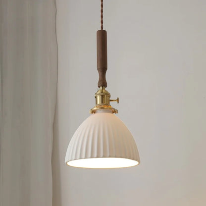 DecorBites™ White Ceramic LED Pendant Light with Walnut Wood Accent - Modern Nordic Design