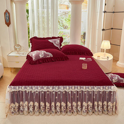 Decobites Princess Burgundy Red Velvet Bedding Set - Duvet Cover, Bed Skirt, Bedspread, Pillowcases