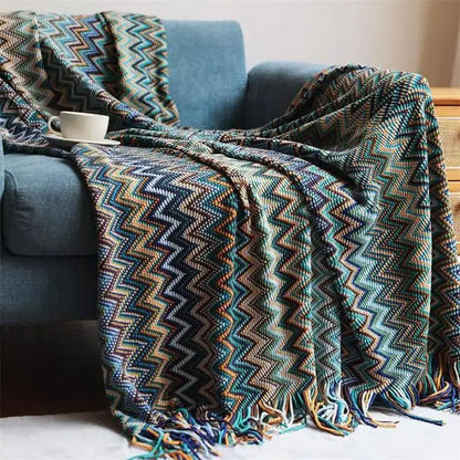 DecorBites™ Boho Knitted Striped Blanket with Tassels