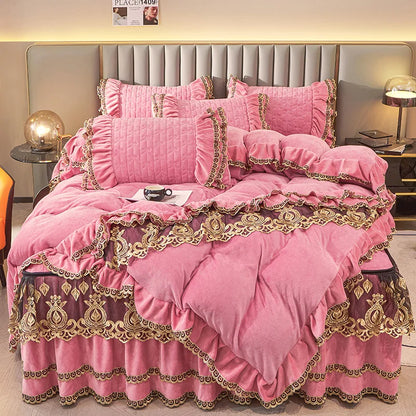 Decobites Velvet Bedding Set with Gold Lace Ruffles, Removable Bed Skirt & Pillowcase