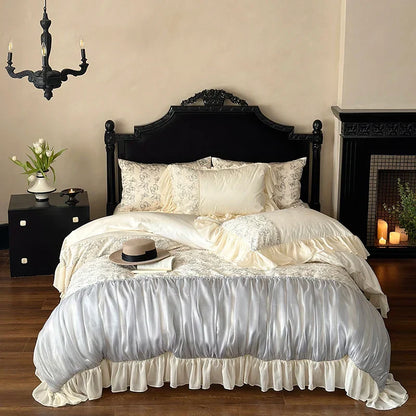 Decobites Romantic Ruffles Butterfly Lace Patchwork Bedding Set with 1000TC Egyptian Cotton