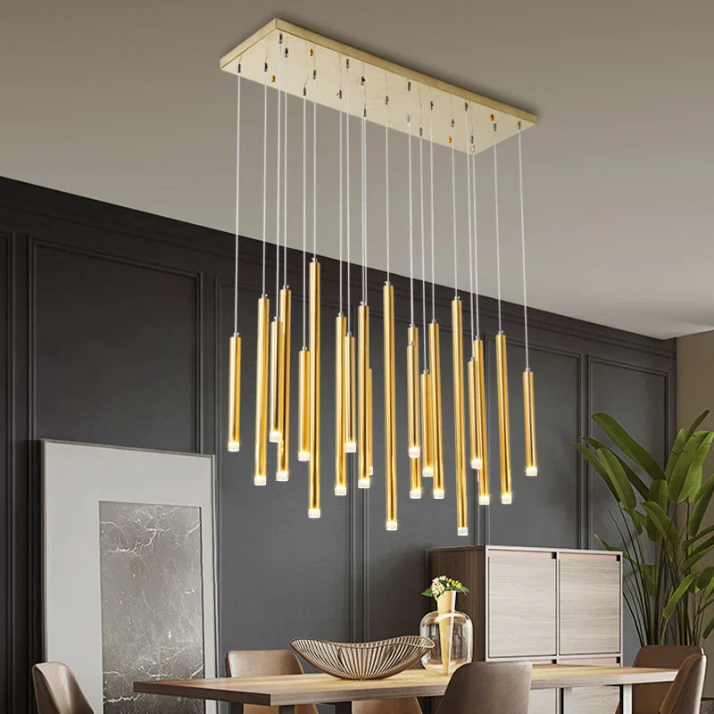 DecorBites™ Golden Tube LED Chandelier for Modern Duplex Villa Living Room Staircase