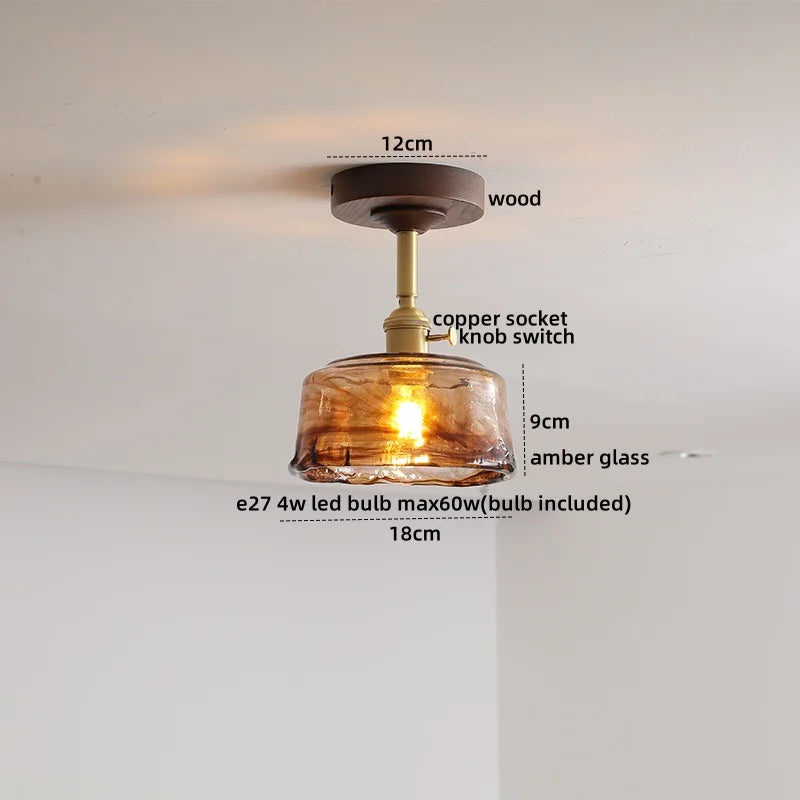 Green Glass Ceiling Lamp Copper Wood Accent