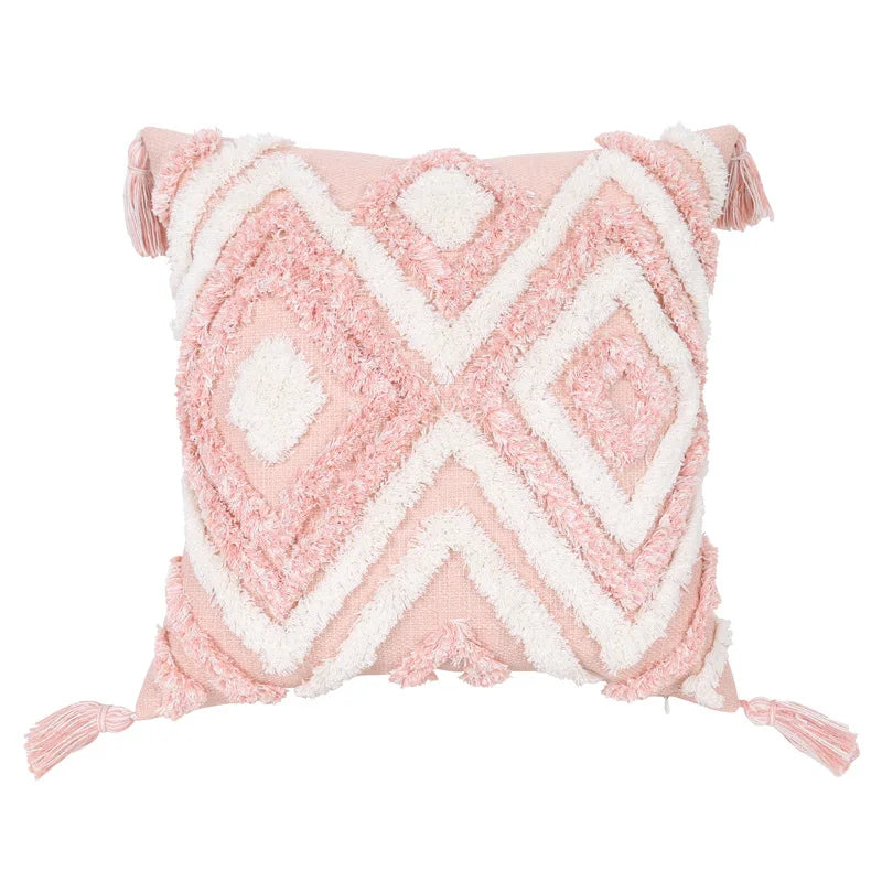 DecorBites™ Boho Pink Geometric Tufted Tassel Pillow Covers 30x100cm - Decorative Double Pillows