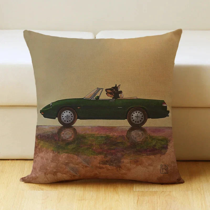 DecorBites™ Cartoon Dog Car Drive Pillow Cover 45x45cm Linen Sofa Home Decor
