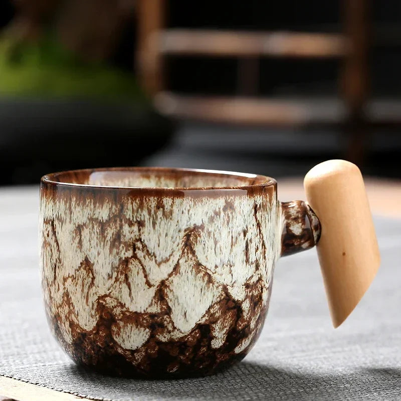 DecorBites™ Ceramic Latte Mug with Wooden Handle for Coffee and Tea Menstruum