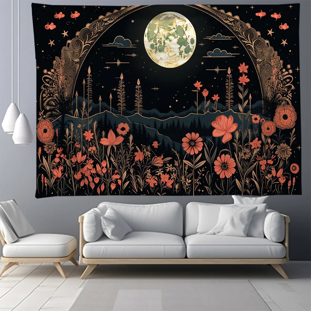 Decobites Moon Phase Nordic Flower Wall Hanging Tapestry