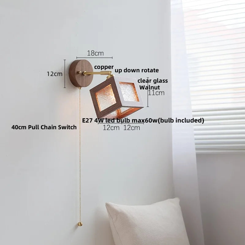 DecorBites™ Clear Glass LED Wall Sconce Walnut Wood Bedroom Living Room Modern Fixture