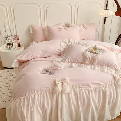 Decobites Pink French Princess Lace Ruffle Bow Bedding Set - Single Queen King