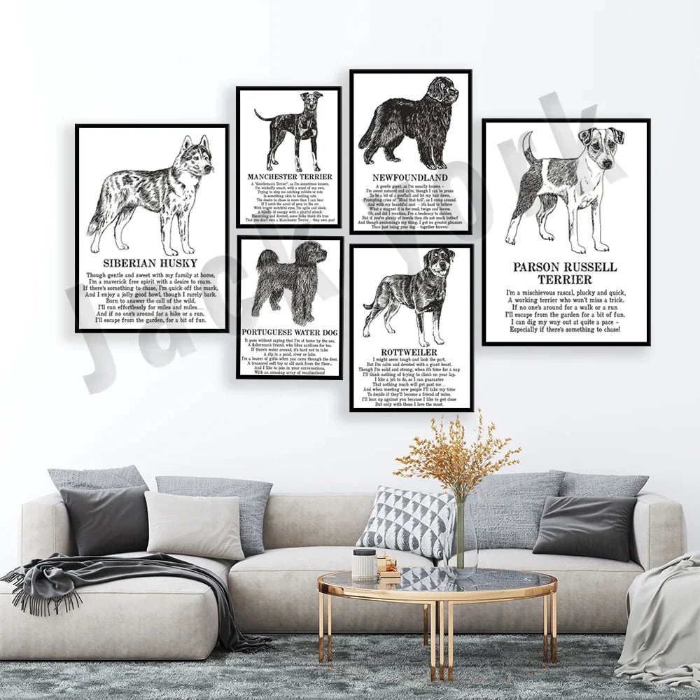 DecorBites™ Dog Breed Poetry Poster Collection: Vizsla, Pomeranian, Manchester Terrier, and More
