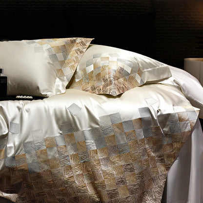 طقم مفروشات سرير فاخرة مطرزة من ديكوربايتس™، مكون من 4 قطع، باللون الأبيض اللؤلؤي/الرمادي، من قماش الساتان والقطن المزخرف