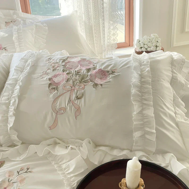 Decobites Vintage Rose Bouquet Embroidered Duvet Set with Ruffles & Patchwork