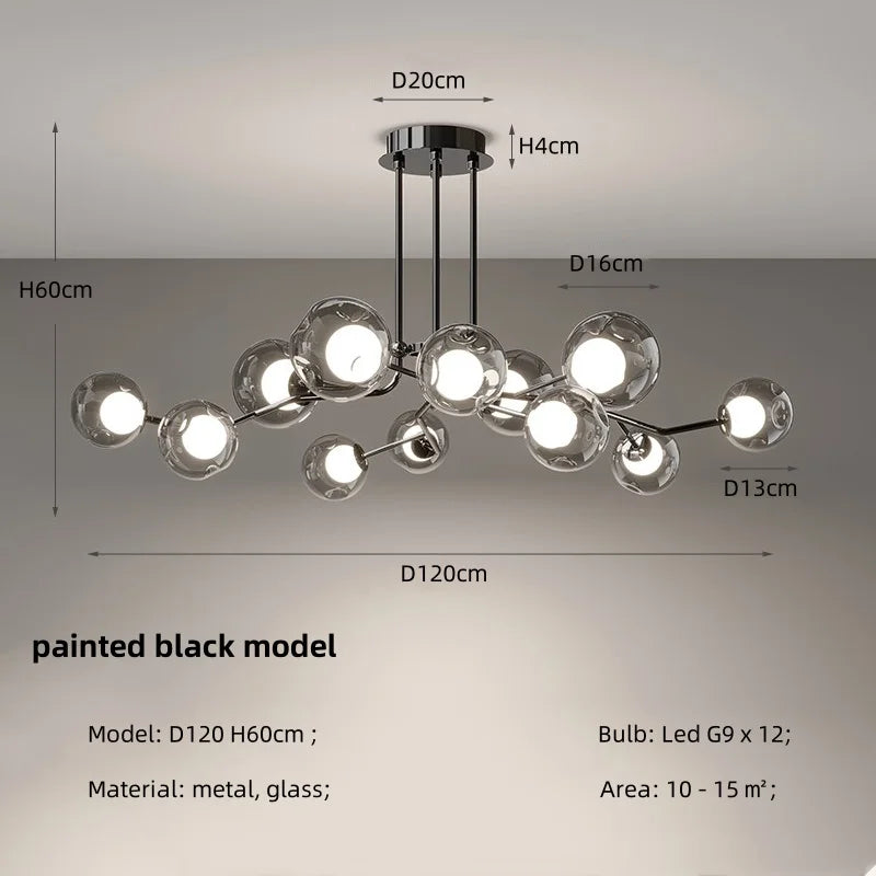 DecorBites™ Glass Globe Black Led Pendant Chandelier - Nordic Style Dining Room Decor