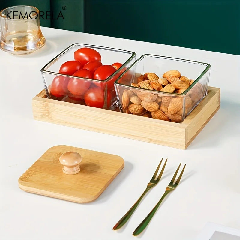 Tarro de cristal DecorBites™ con tapa de madera de bambú para guardar aperitivos | Elegante recipiente para aperitivos y frutos secos