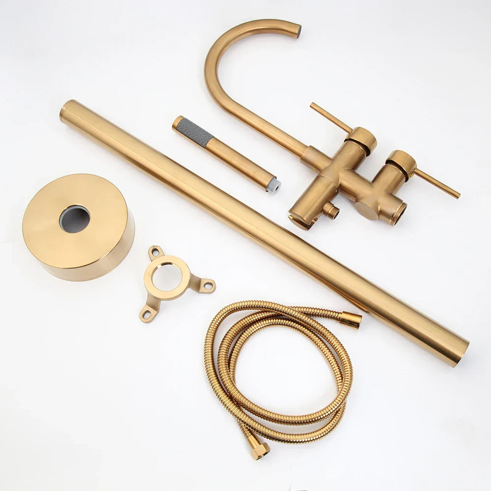 DecorBites™ Brushed Gold High Rise Round Bath Mixer Roman Tub Faucet Set Floor Stand