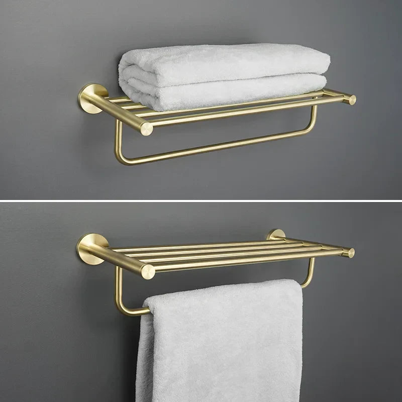 DecorBites™ Brushed Gold Bathroom Accessories Set: Wall Mount Shelf, Toilet Paper Holder, Towel Bar, Robe Hook