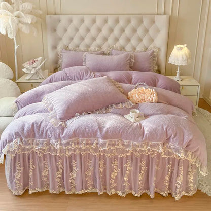 DecorBites™ Lace Princess Bedding Set with Velvet Bed Skirt & Quilt Cover