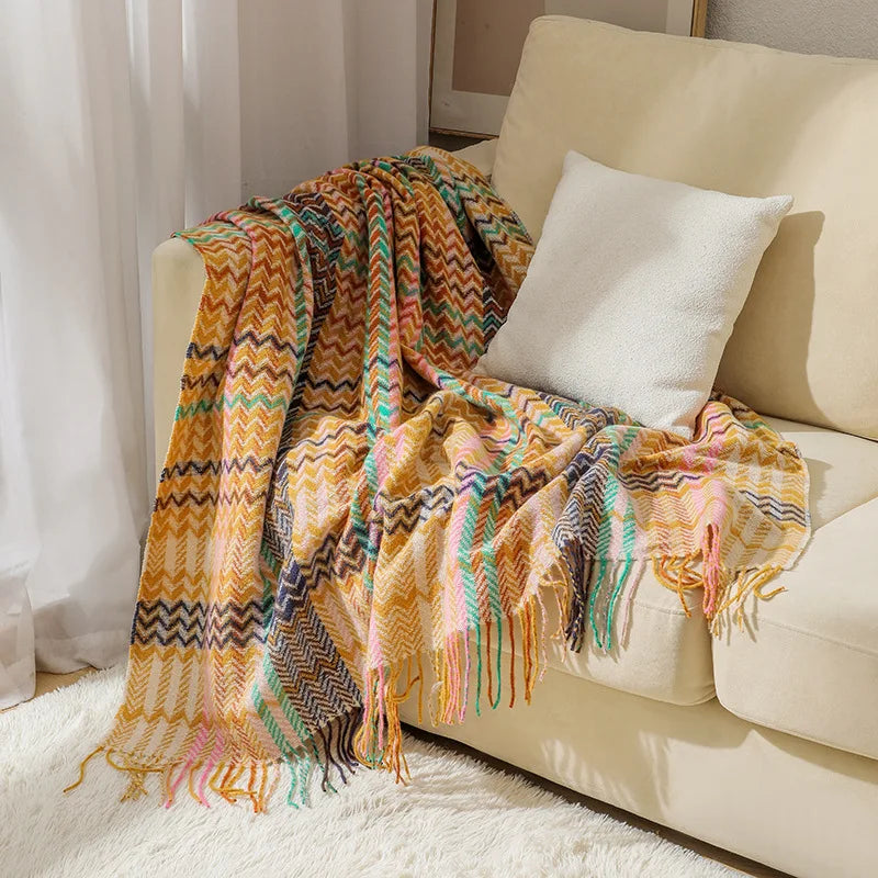 DecorBites™ Ethnic Wave Woven Tassel Blanket: Multi-functional for Bed, Sofa, Table, Office Nap