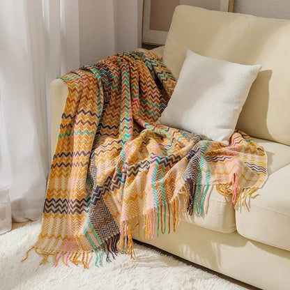DecorBites™ Ethnic Wave Woven Tassel Blanket: Multi-functional for Bed, Sofa, Table, Office Nap