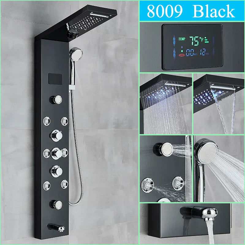 DecorBites™ LED Shower Panel Column Faucet with Rainfall Waterfall, Back Jet, Mixer Tap