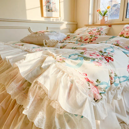 Decobites Princess Bedding Set with Lace Ruffles and Flowers