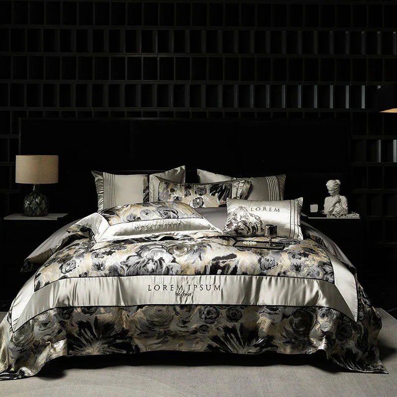 Decobites Luxe Brocade Jacquard Bedding Set with Egyptian Cotton & Embroidery