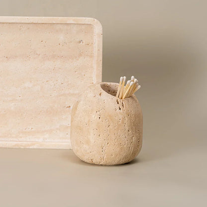 DecorBites™ Beige Travertine Match Holder - Vintage Marble Toothpick Holder & Home Decor