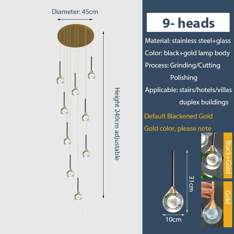 Chandelier de gotas de lluvia de cristal dorado Decorbites™ para escalera y vestíbulo