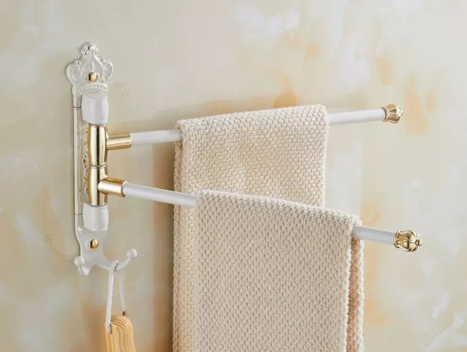 DecorBites™ Antique Carved Swivel Towel Hanger, Wall Mounted Folding Towel Bar, Bathroom Towel Holder