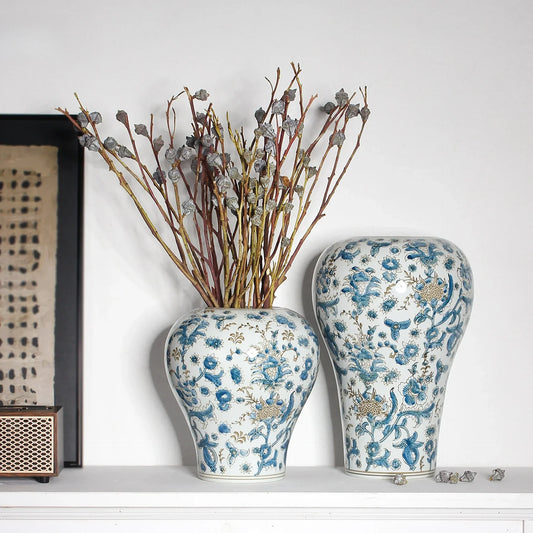 DecorBites™ Blue and White Porcelain Ceramic Vase Chinese Retro Style Home Decoration Flowerpot