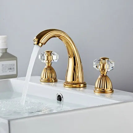 DecorBites™ Gold Crystal Handle Basin Faucet, 3 Hole Widespread Bathroom Sink Tap