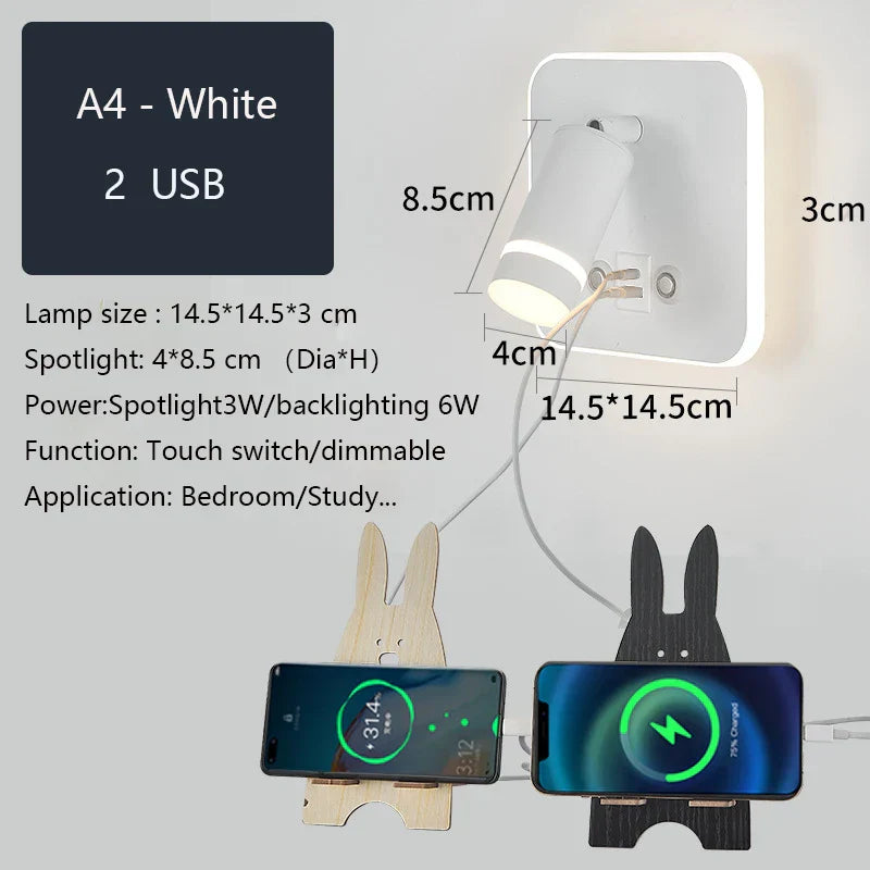 DecorBites™ LED Wall Sconce Lamp Touch Switch USB Bedside Reading Light Tri-color Diammable
