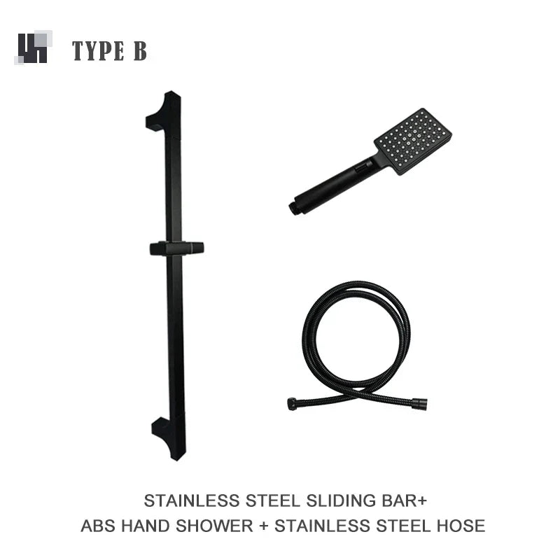 مجموعة قضبان دش DecorBites™ السوداء القابلة للتعديل بثلاث وظائف وتصميم بسيط وخرطوم بطول 1.5 متر