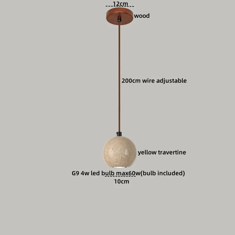 DecorBites™ Globe LED Pendant Light Yellow Travertine Stone White Glass Adjust Hang Lamp