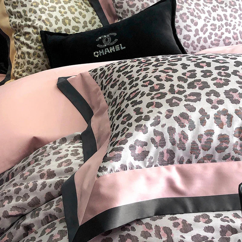 Pink Leopard Jacquard Lyocell Cotton Bedding Set by Decobites - Queen King Size Soft Silky Bed Set