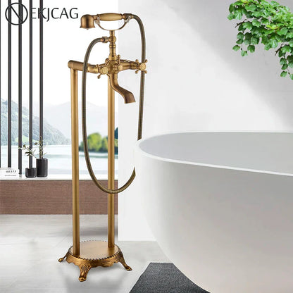 DecorBites™ Brass Freestanding Bathtub Filler with Handshower, Dual Handles & Shower Set