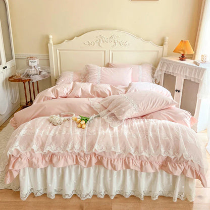 Decobites French Princess Lace Ruffles Bedding Set, 100% Cotton, Pink Romantic Theme