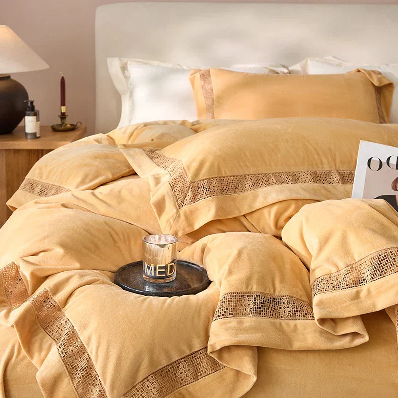 Luxury Gold Velvet Lace Duvet Bedding Set by Decobites, Cozy Furry Winter Collection