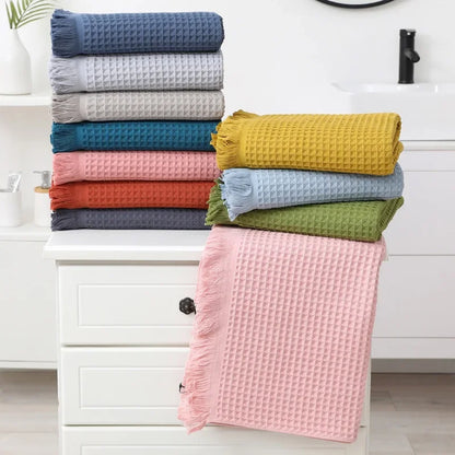 DecorBites™ Geometric Tassel Bath Towel - 100% Cotton, Quick-Dry, Multi-colored Waffle Design - 90x180cm