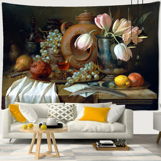 Decobites European Still Life Oil Painting Tapestry Wall Hanging for Aesthetic Room Decor