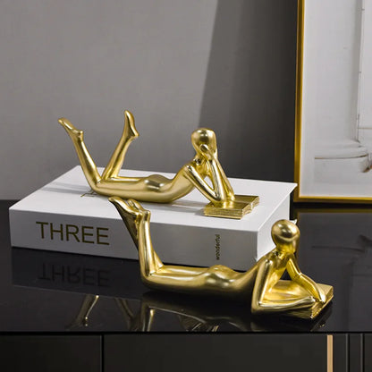 DecorBites™ Golden Thinker Reader Man Resin Figure: Abstract Home Decor Figurine