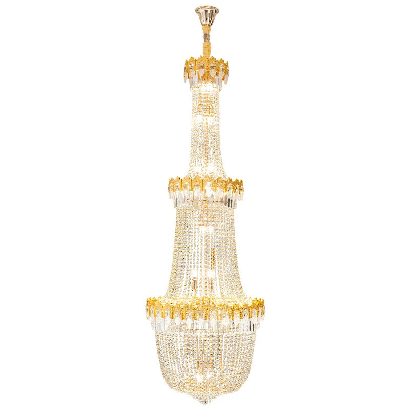DecorBites™ Crystal Chandelier: Luxury Duplex Hotel Living Room Stairwell Design