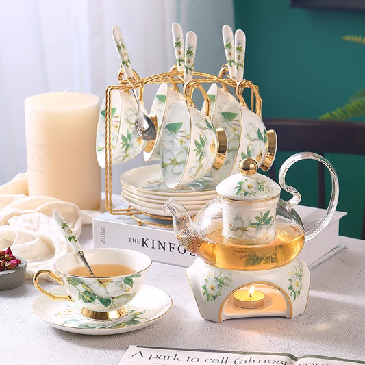 DecorBites™ Camellia Floral Tea Set Bone China Glass Teapot & Ceramic Teacup Pot Strainer