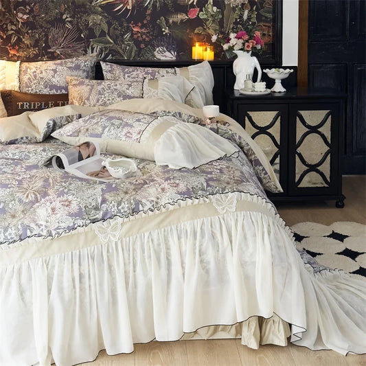 Decobites Exquisite Lace Ruffle Butterfly Egyptian Cotton Bedding Set