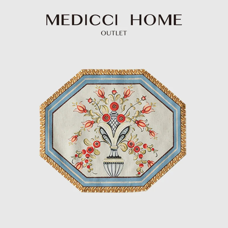 DecorBites™ Baroque Flowers Fringe Placemat Set- Luxury Cotton Linen Retro Hexagon Table Mats