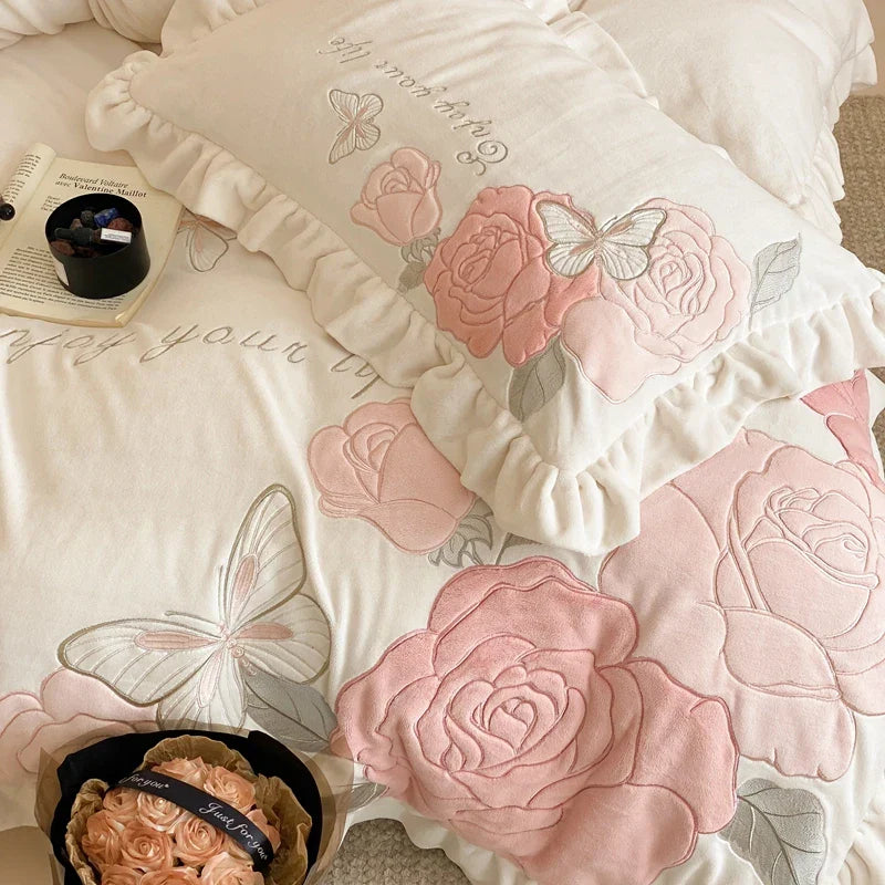 Juego de Edredón Princesa con Volantes de Encaje Decorbites™ , Bordado de Flores de Mariposas, Ropa de Cama Acogedora con Sábana y Fundas de Almohada