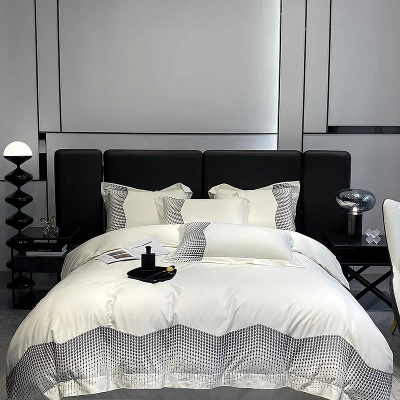 طقم مفروشات فاخر مطرز من القطن DecorBites™ 1000TC باللون الأزرق والأبيض والشمبانيا